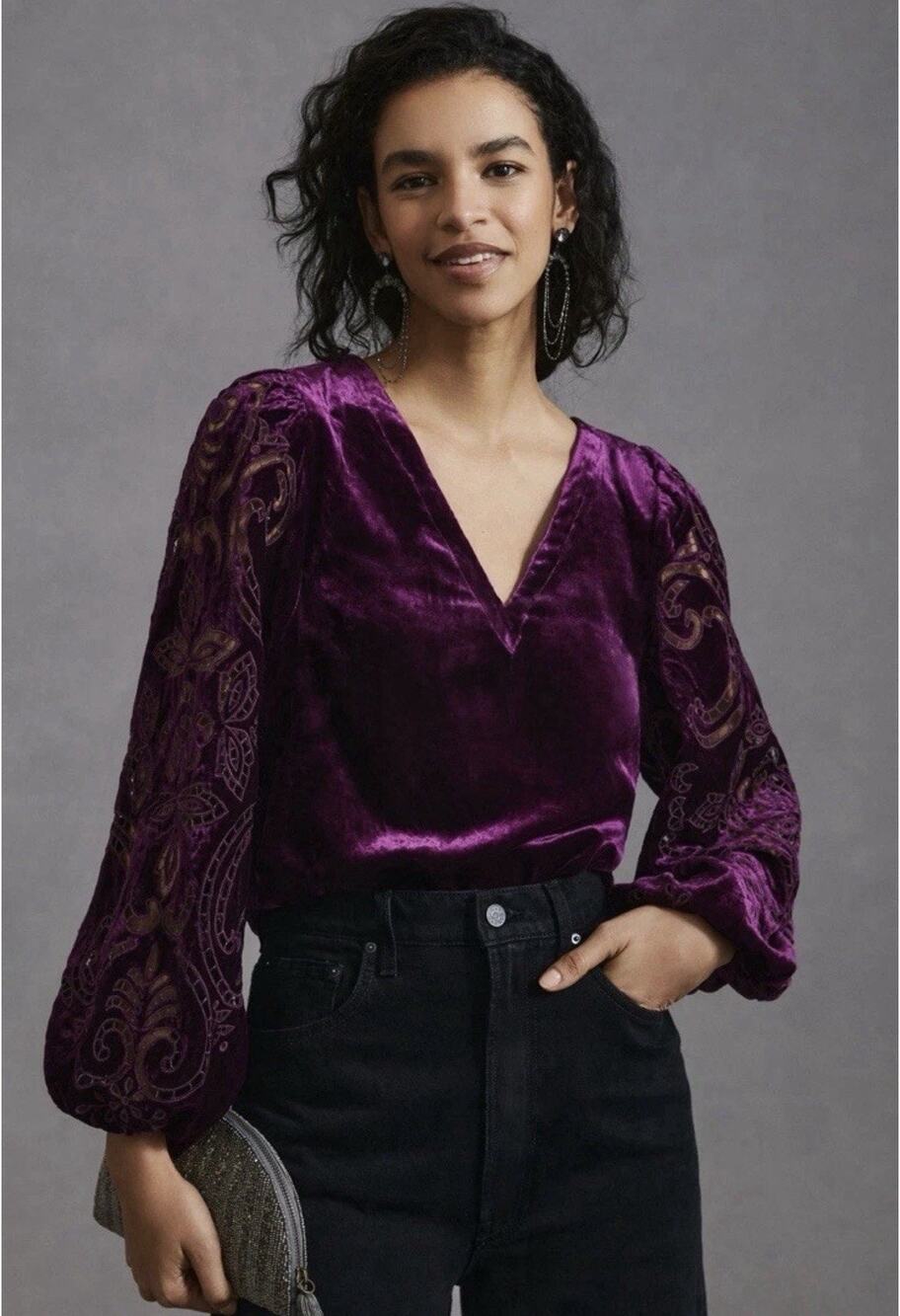 Anthropologie Velvet Embroidered Balloon Sleeve Blouse Purple Women’s Medium